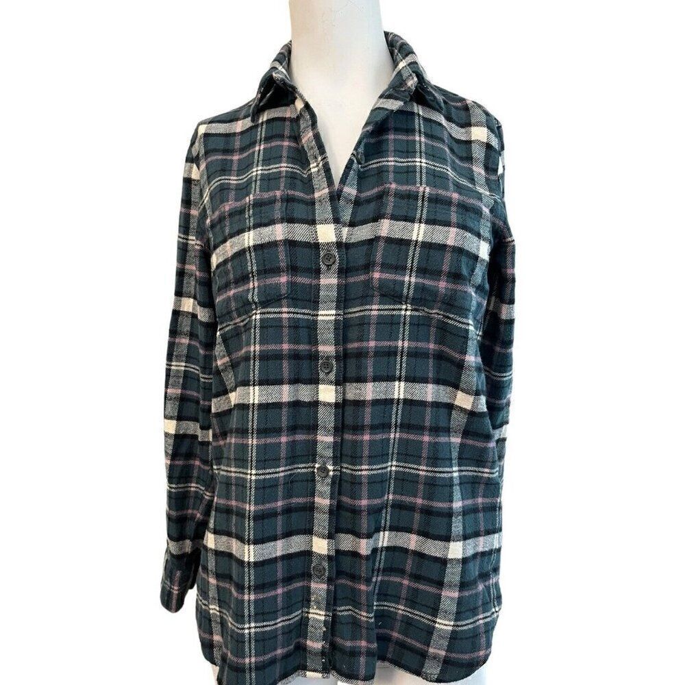 Madewell Womens XXS Flannel Fleece Long Sleeve Shirt Green Plaid Button Pocket
